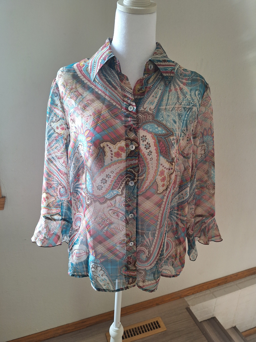 NICOLA Sheer Paisley Button-Front Blouse in Teal, Pink and Cream